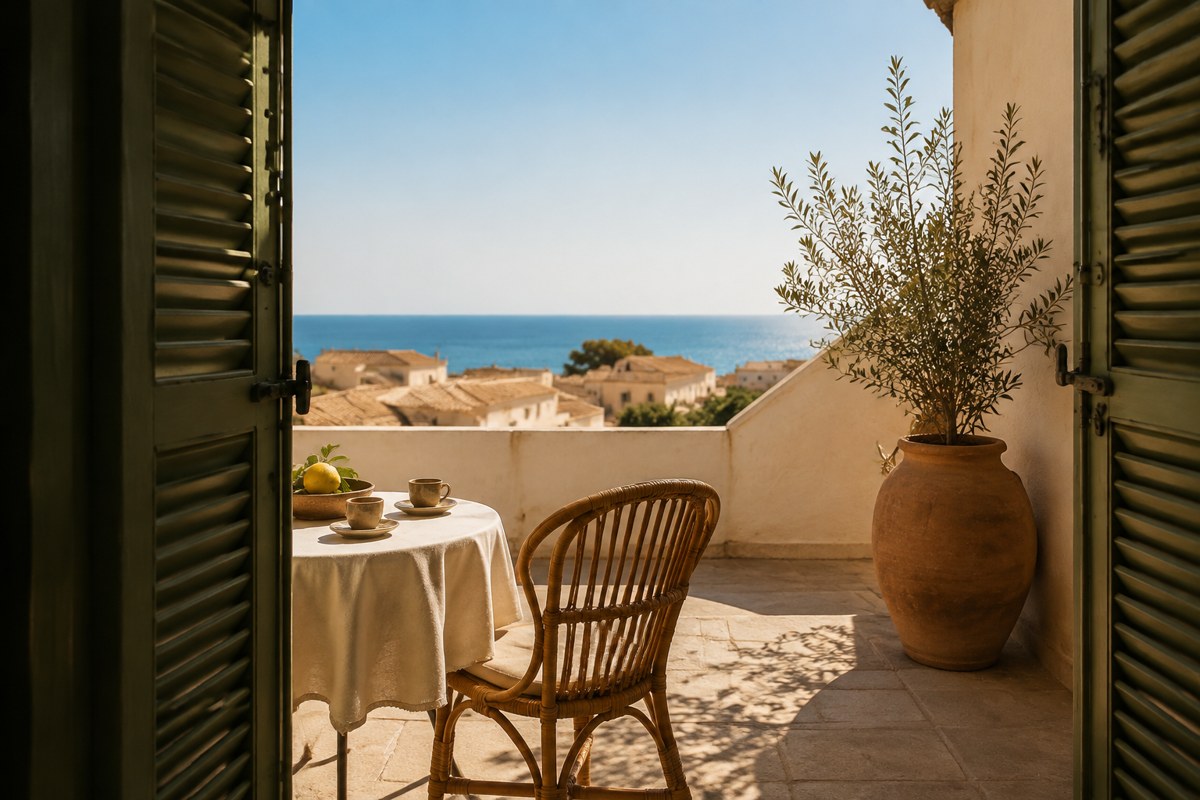 Terrazza mediterranea immaginaria di Casa Levante, fotografia illustrativa